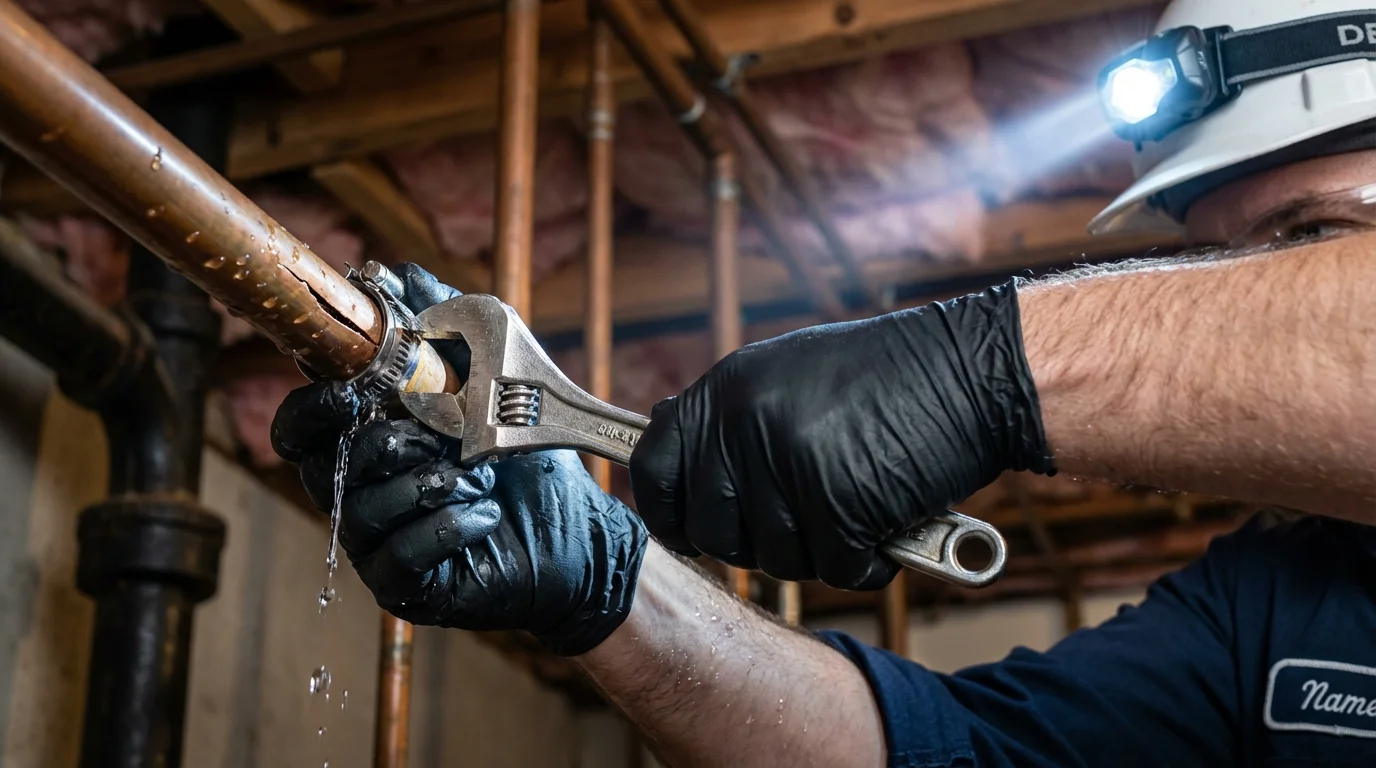 Emergency pipe clamp repair being performed by a Johns Plumbing LLC plumber in Healy